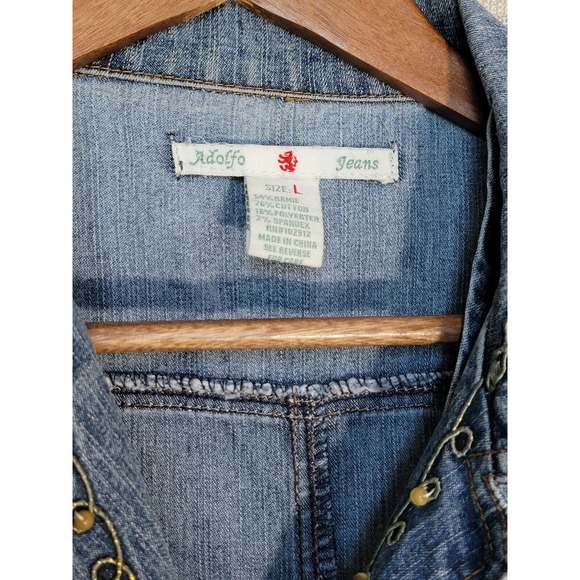 Adolfo Jeans‎ Women's Embroidered Beaded Demin Blue Jean Jacket Size Large - Picture 4 of 4